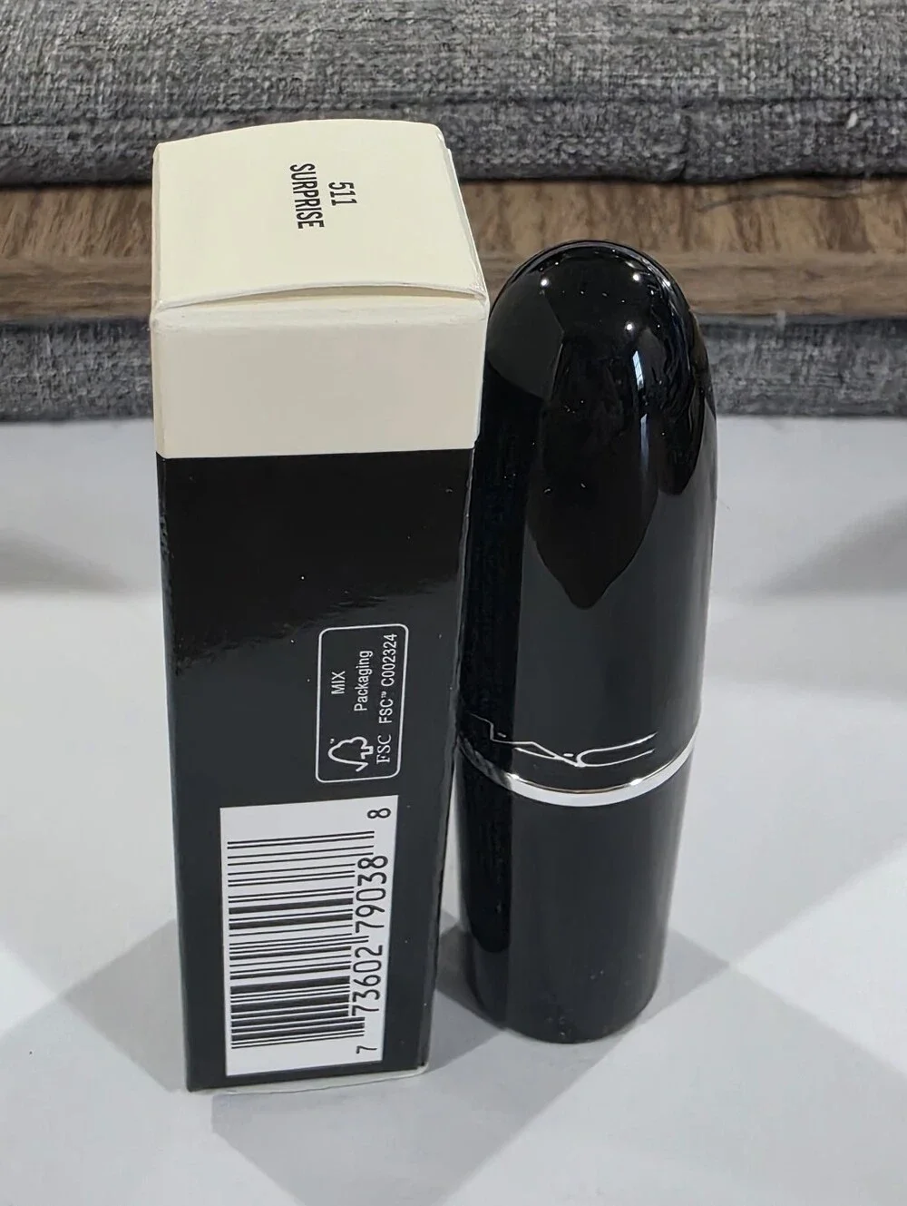 MAC Lustreglass Sheer-Shine Lpstick Surprise/Clear with champagne gold Pearl.